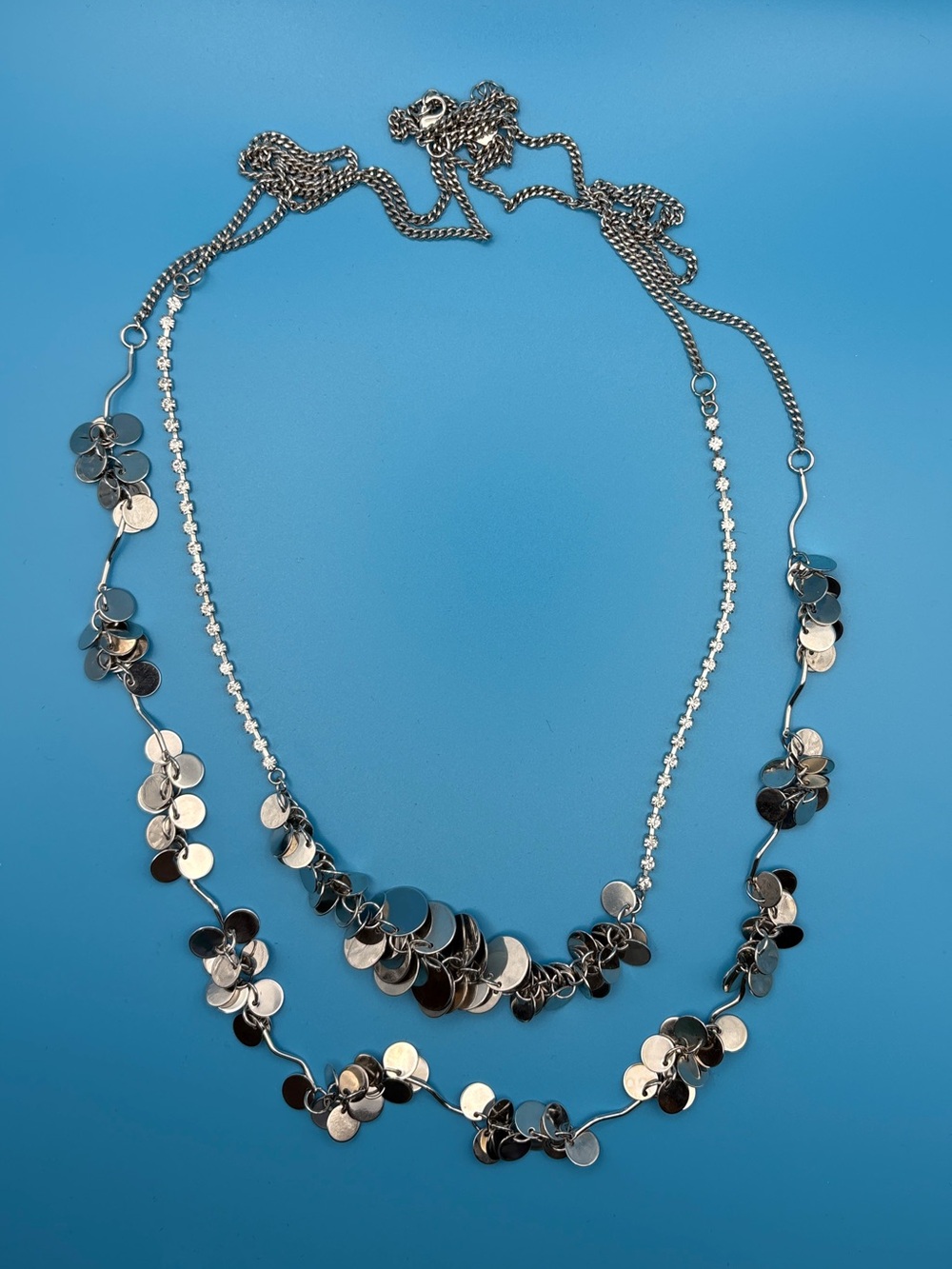 Silver  Layered Necklace - Shimmering Disc Design